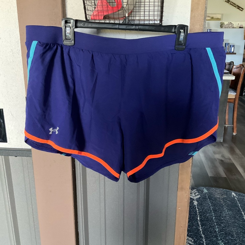 Under Armour Women's Navy Purple Athletic Shorts with Orange Trim